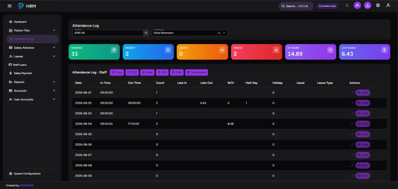 Staff attendance dark theme