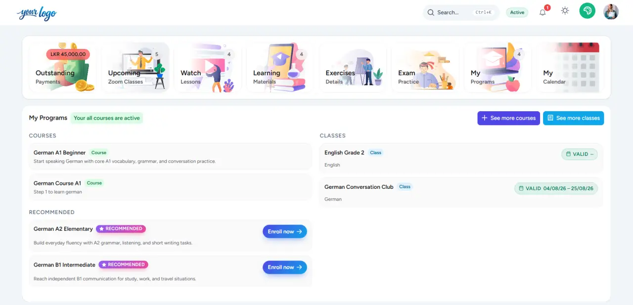 Student dashboard light theme